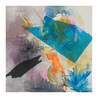 Mixed media piece depicting natural shapes in orange and blue, harsh black marks, and a smoggy background. 