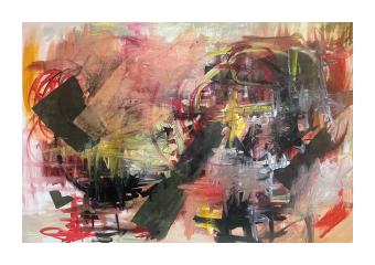 Mixed media depicting an abstract scene in red scribbles, orange marks, and black silhouettes. 