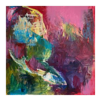 Mixed media depicting the form of a person turning towards the left side of the canvas in vibrant shades of green and pink. 