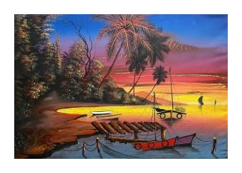 Painting of a landscape at the shore of the water, a boat tied to a dock. Blue, pink, and yellow