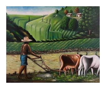 Painting of a farmer plowing the field. 