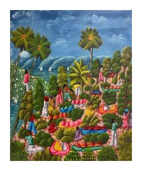 Painting of a coast landscape with vibrant blue waves and sky and a brightly colored (blue pink red) coastal town. 