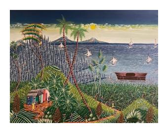 Painting of a Haitian landscape on the sea with vibrant shades of blue and green. 