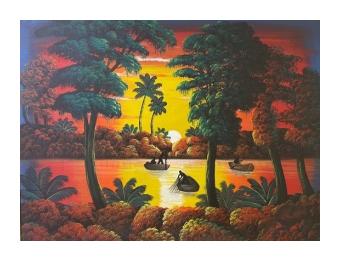 Painting of a sunset framing a body of water. Red, orange, and yellow. 