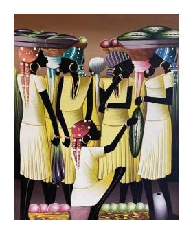 Acrylic painting of a series of black women in Haitan attire carrying produce on their heads to market - a little girl tugs at her mother. 