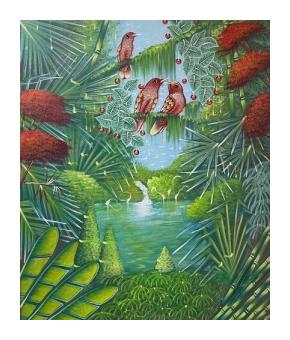 Painting of a pathway through the jungle with various  flora and fauna in difference shades of green and red