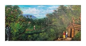 Painting of a landscape with forests next to a house with two figures.
