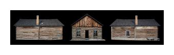 Photograph of three perspectives of a brown cabin