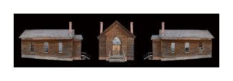 Three perspectives of a rundown brown church with a steeple. 