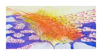 Painting in orange and blue depicting an abrupt split in motions. 