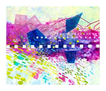 Painting depicting patterns angled and overlayed on top of each other in pink, blue, lime green, and teal. 