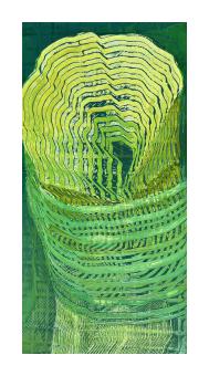 Painting depicting a brush stroke of evenly spaced, almost geometric lines in a light yellow to jade green gradient on a deep green background canvas. 