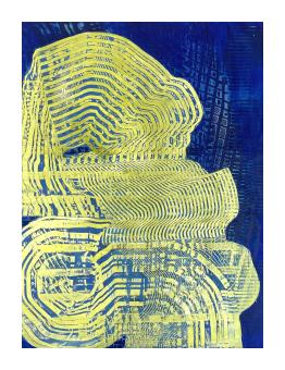 Painting depicting a motion of evenly spaced lines swirling around the canvas, yellow on blue. 