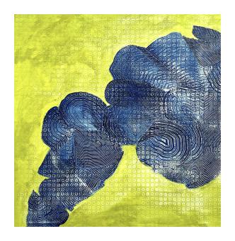 Painting depicting a motion of evenly spaced lines going from top right to bottom left of the canvas like smoke, blue on yellow. 