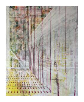Painting depicting a geometric setting. 