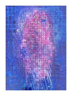 Painting depicting a grid of blue on top of brisk motions of pink. 