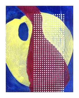 Painting depicting a blue canvas, a circular yellow shape, an organic fuchsia shape, overlayed by dots. 