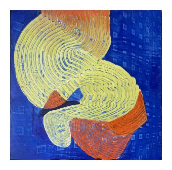 Painting depicting a motion of evenly spaced lines in an orange-yellow-orange gradient on blue.