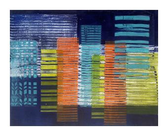 Painting of a cityscape in blue, yellow, and orange, done in rectangular stripes on a deep blue background. 