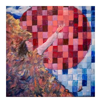 Painting depicting a female figure reaching out into a space where the sky is made of shades of blue grids and the sun is a circular shape also consisting of red grids. 