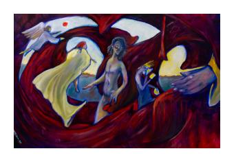 Painting of several figures in an enveloping red fabric; a hand reaching, a nude figure, and one exiting the red. 