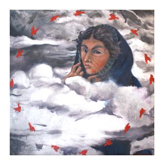 Portrait of a woman looking at the viewer in the clouds as red cardinal birds circle her.