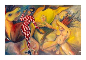Painting depicting a nude form, a horse, and a figure in red and white checker print. 
