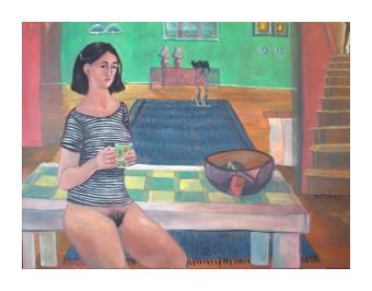 Painting depicting a woman leaning against her kitchen table. She is nude from the waist down. House interior is green, blue, and red. 