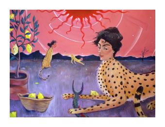 Painting depicting a woman's head on the body of a cheetah next to a lemon tree while similar beings play in the background. 