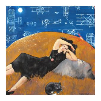 Painting depicting a woman reclining on a rock on a grassy hill, cat alongside. The sky is blue and is filled with concept type designs of a plane 