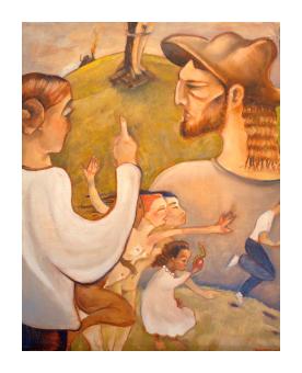 Painting of several figures on a hillside where a group chase another person. 