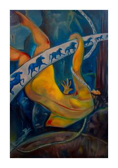 Painting depicting a yellow nude figure amongst a blue background, clutching a white banner painting with blue horses