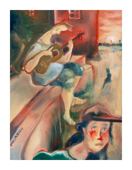 Painting of two people in a blush red scenario where one is playing guitar