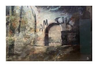 Painting of a stone archway + building internal where graffiti says "AMOK"