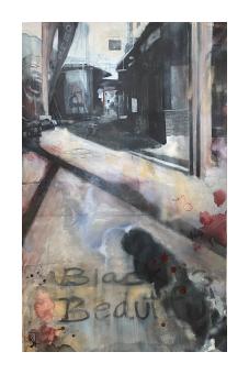 Painting of a street alley done in dull colors with "Black is beautiful" on the bottom of the painting