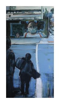 Painting of a street crossing done in hues of blue where someone walks across and a portrait of a child wearing a mask is on the opposing street wall.