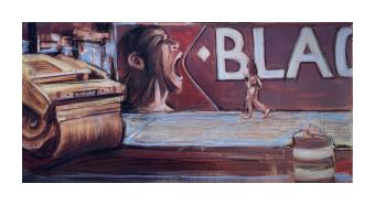 Painting of a countertop where there is a larger portrait figure to the left and a smaller figure walked across the counter. Red, blue, gold, a sign in the back says "Black"