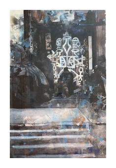 Painting depicting a grey and black setting of the staircase to a building where three figures sit around the top of it. There are symbols painted in white behind them, and the painting is overlayed with splashes of blue and gold. 