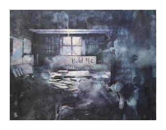 Painting done in dulled hues of blue and black of the courtyard of a small building where the only light comes from the window and the wall where graffiti is written -- "Hold me"