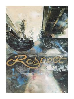 Painting depicting a skate park done in bright hues of yellow and grey where graffiti is on every surface -- "Respect"