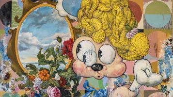 A illustrative collage of mickey mouse looking through an oval window.