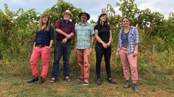 The five members of The Moon Shells stand together in front of a corn field.