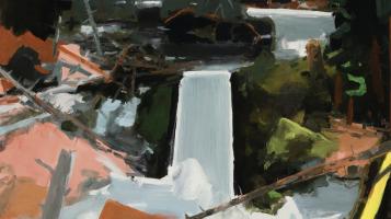 an abstract oil painting of a small waterfall