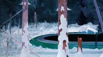 A painting of a partially frozen pond, in blacks and greens, in the middle of a snow covered forest of dead trees.