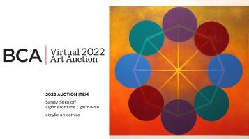 BCA Virtual 2022 Art Auction, and a painting of a geometric arrangement of purple, teal, blue, and red circles on an orange and yellow ombre background