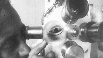 A black and white surrealist photograph of kaleidoscopic images of a man looking through a telescope, eyes, and the telescope from different angles