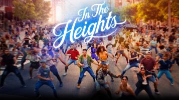 In the Heights in blue swoopng text over an image of a crowd of people dancing in unison in a new york city street