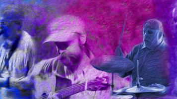 Four overlapping photographs in varying shades of purples, magentas, and blues, treated with finish that recalls brushstrokes. One image shows a man playing the saxophone, one man wears a baseball cap and plays guitar, one plays drums, and another plays guitar.