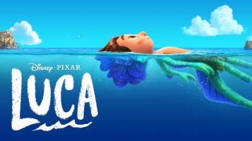 Luca, a still from an animated movie, with a boy floating on his back in clear blue water, with a blue sky overhead
