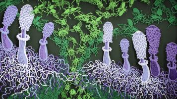 mushrooms made from various shades of purple cut paper, againsta. green background with lighter green bees made from cut paper.